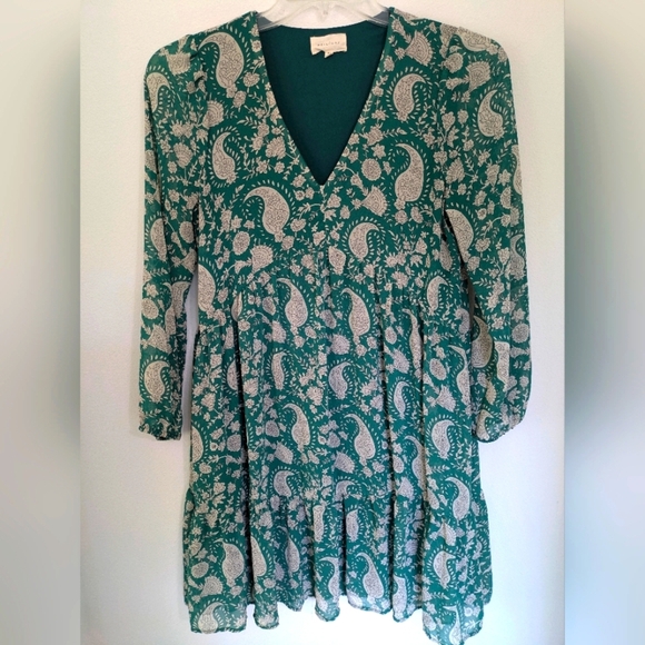 Melloday Anthropologie Paisley Lined Boho Tiered Dress Tunic Peasant Green S EUC - Picture 1 of 11